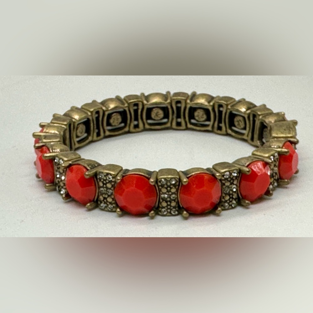 J Crew Stretch Bracelet Brass Tone Coral Orange Cabochons Marcasite Style